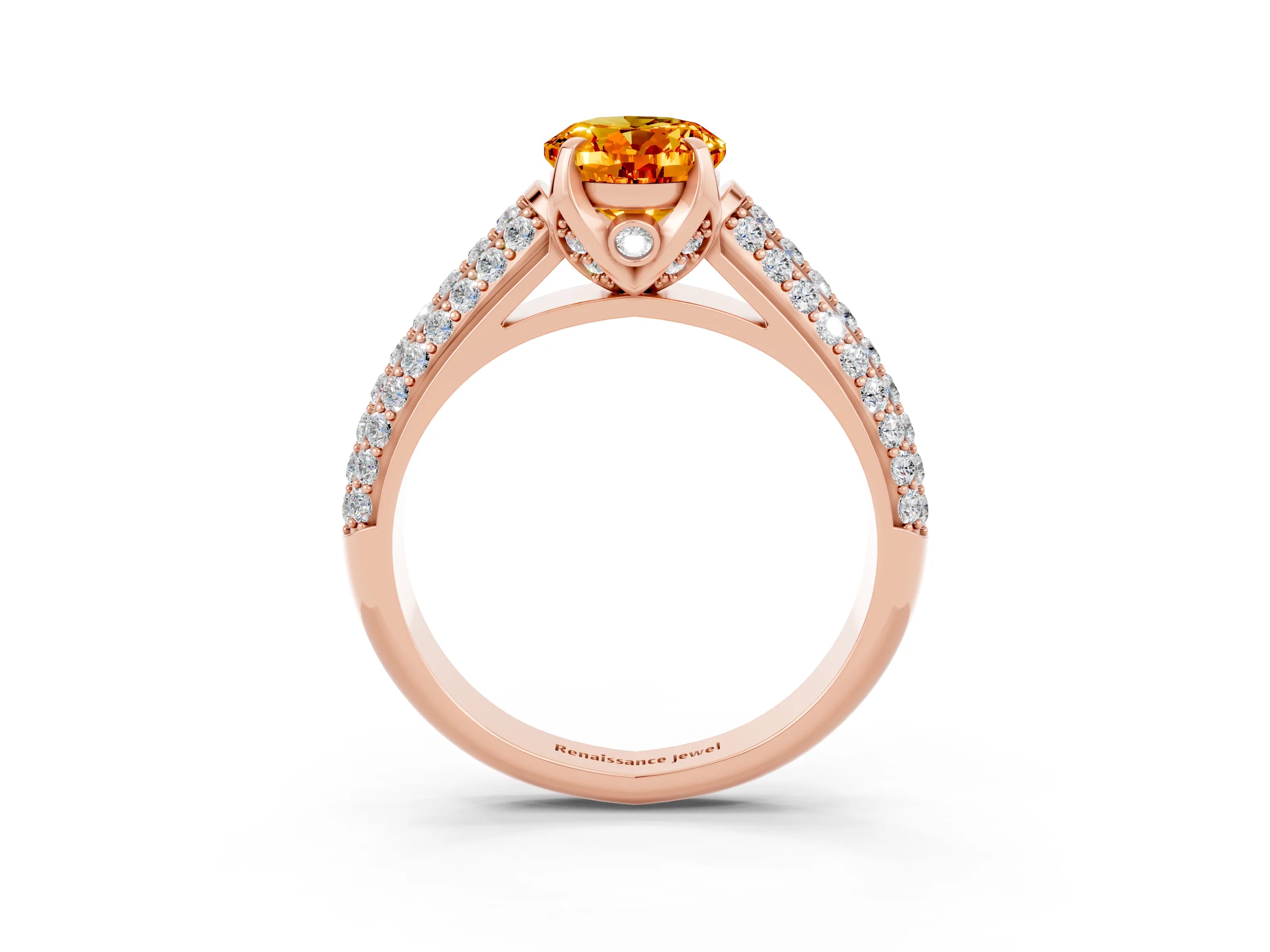 Rose gold Oval Cut Citrine Solitaire Ring with Three-Row Pavé Band and Four-Prong Setting_15