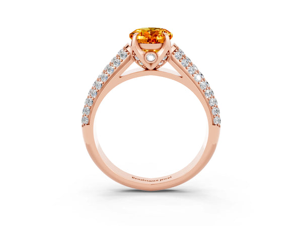 Rose gold Oval Cut Citrine Solitaire Ring with Three-Row Pavé Band and Four-Prong Setting