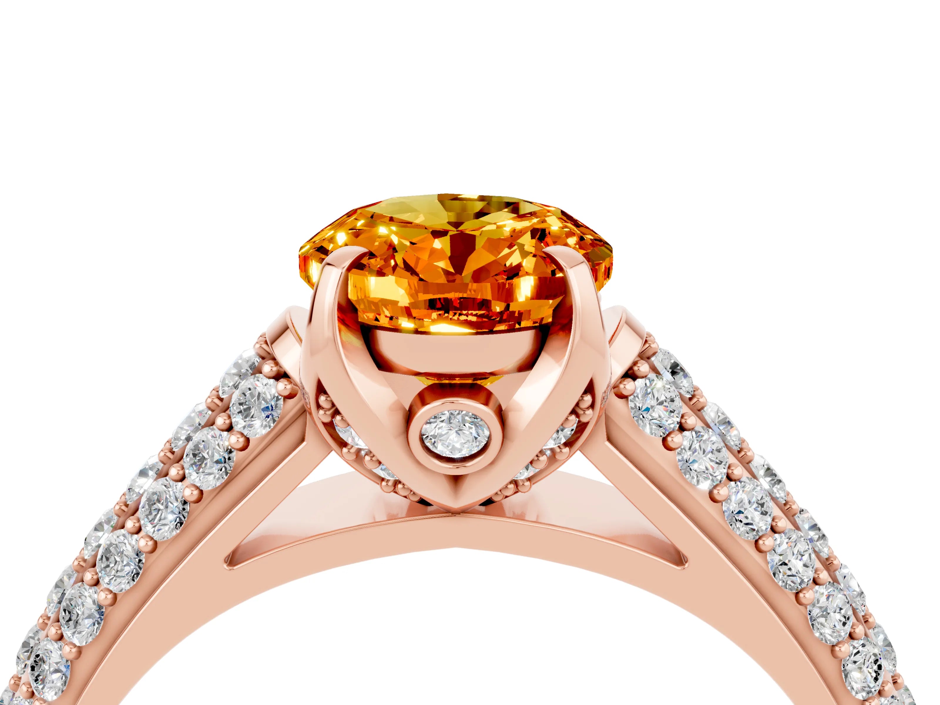 Rose gold Oval Cut Citrine Solitaire Ring with Three-Row Pavé Band and Four-Prong Setting_16