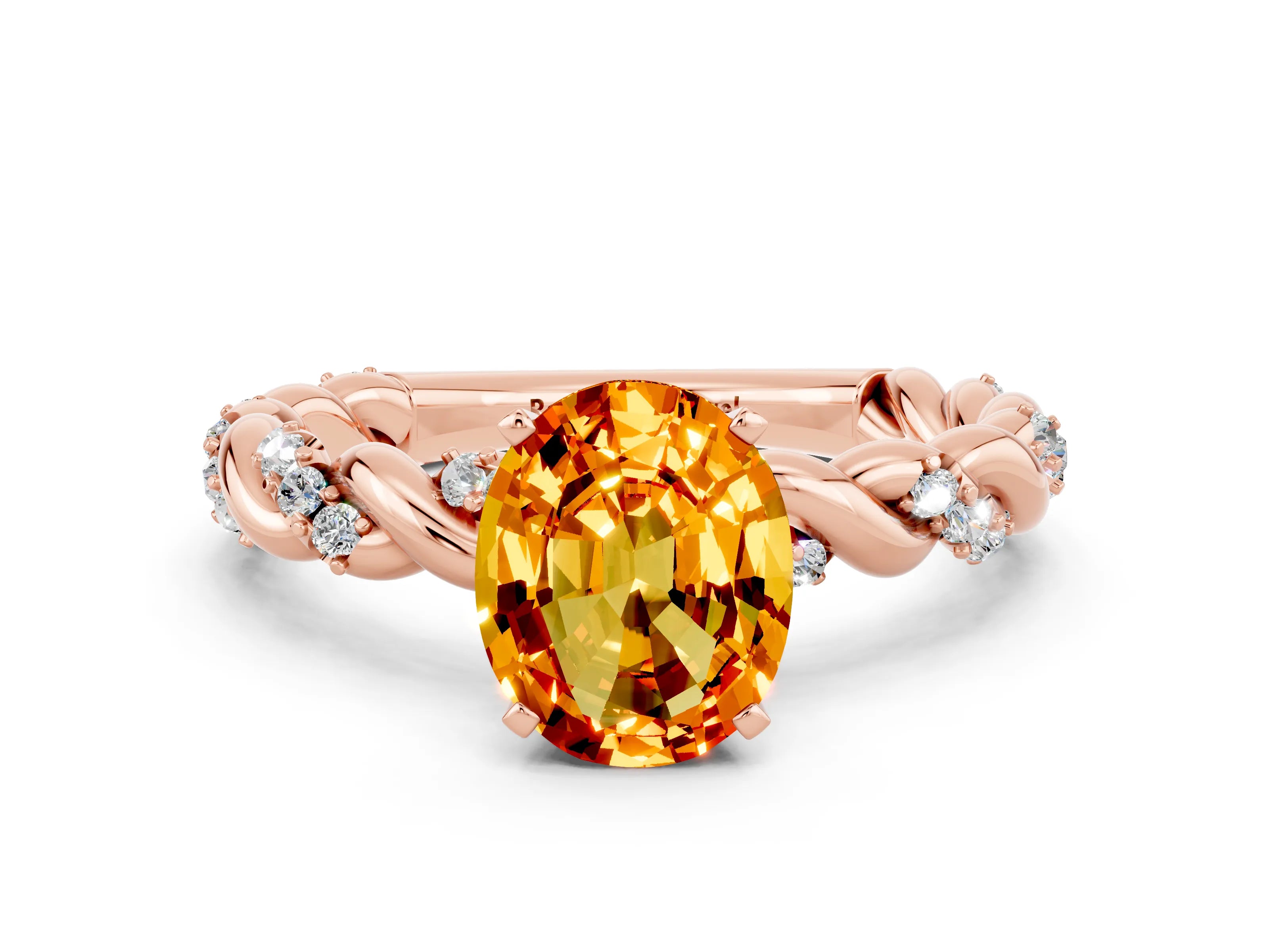 Rose gold Oval Cut Citrine Solitaire Ring with Twisted Band and Pavé Accents