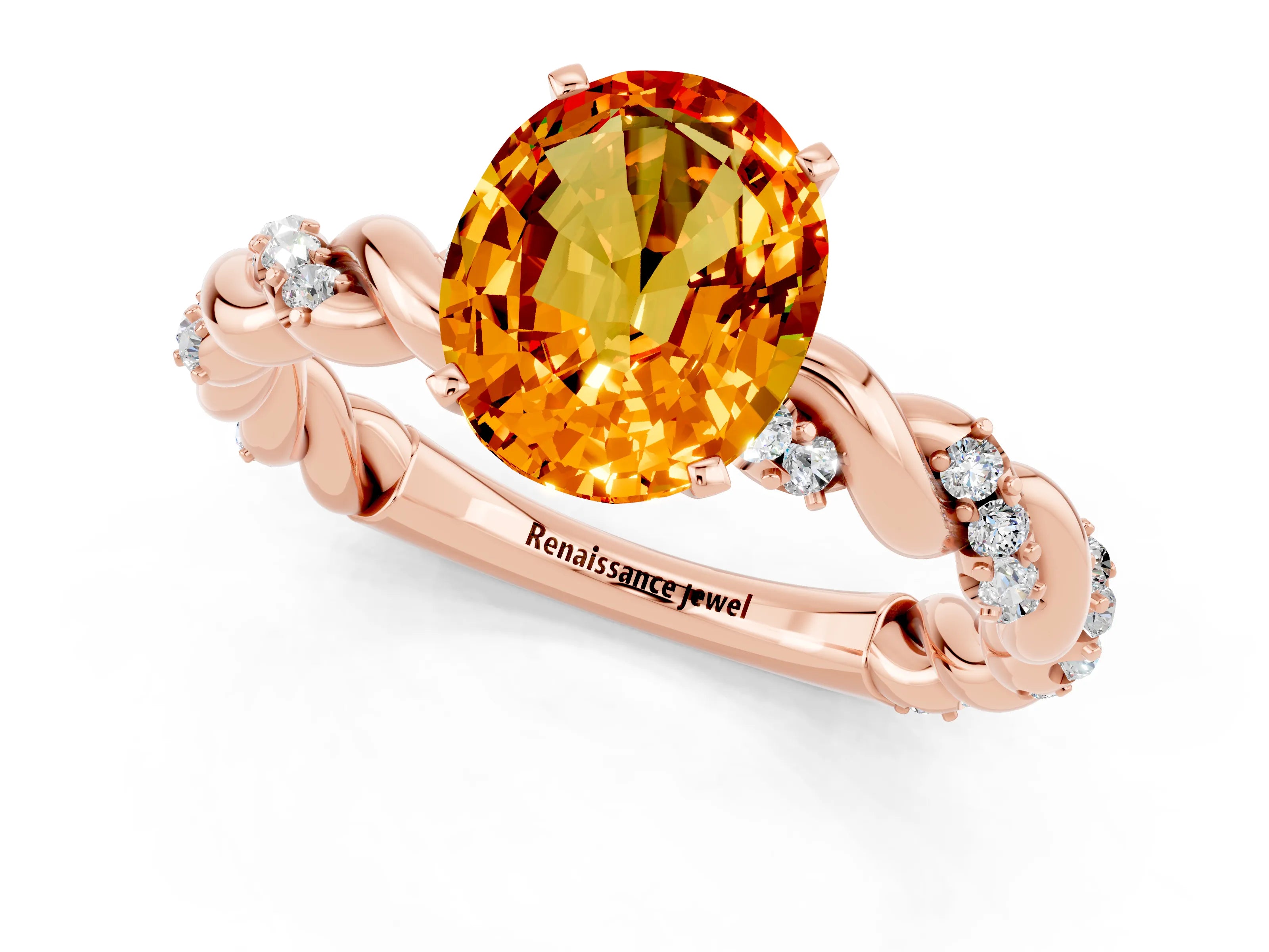 Rose gold Oval Cut Citrine Solitaire Ring with Twisted Band and Pavé Accents_1