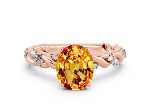 Rose gold Oval Cut Citrine Solitaire Ring with Twisted Band and Pavé Accents