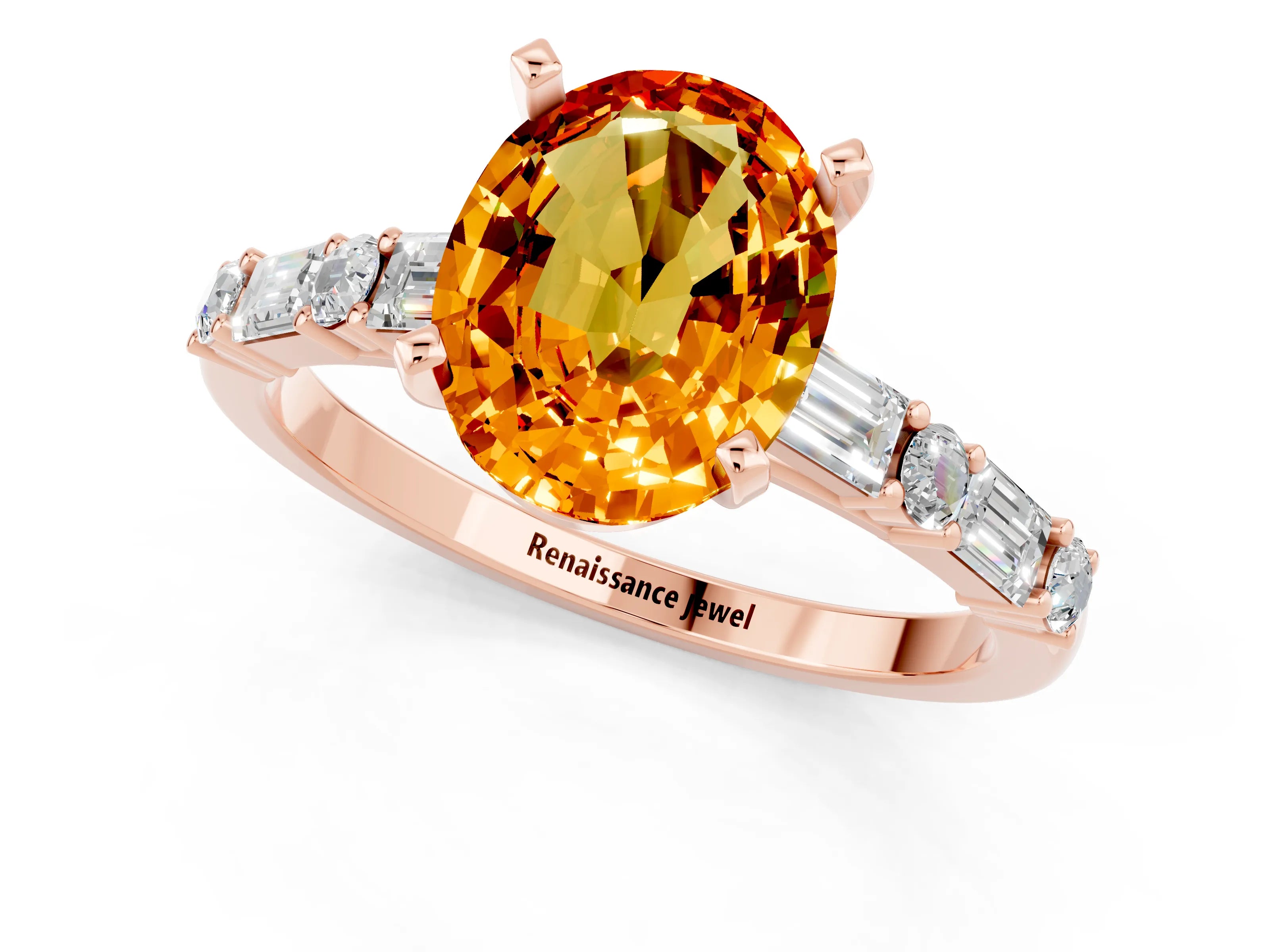 Rose gold Oval Cut Citrine Solitaire with Side Baguettes and Channel Set Band_1