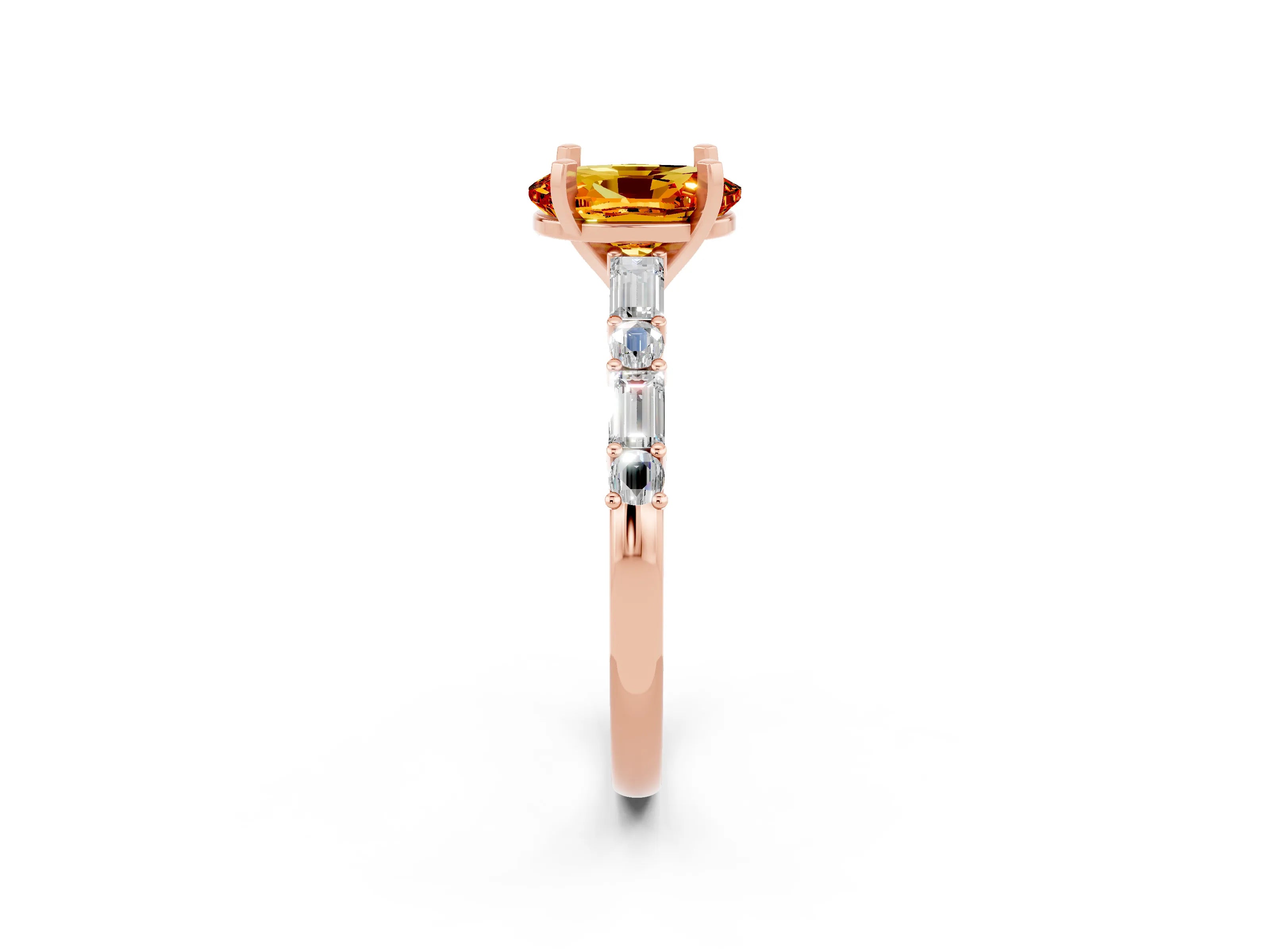 Rose gold Oval Cut Citrine Solitaire with Side Baguettes and Channel Set Band_2