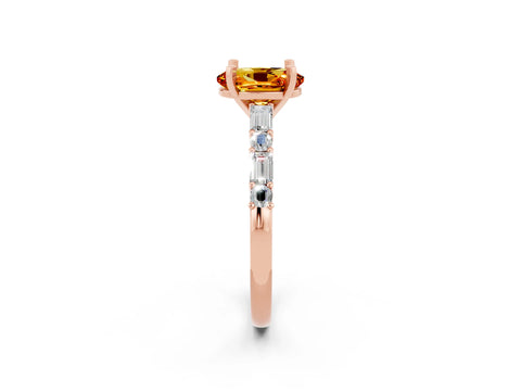 Rose gold Oval Cut Citrine Solitaire with Side Baguettes and Channel Set Band_2