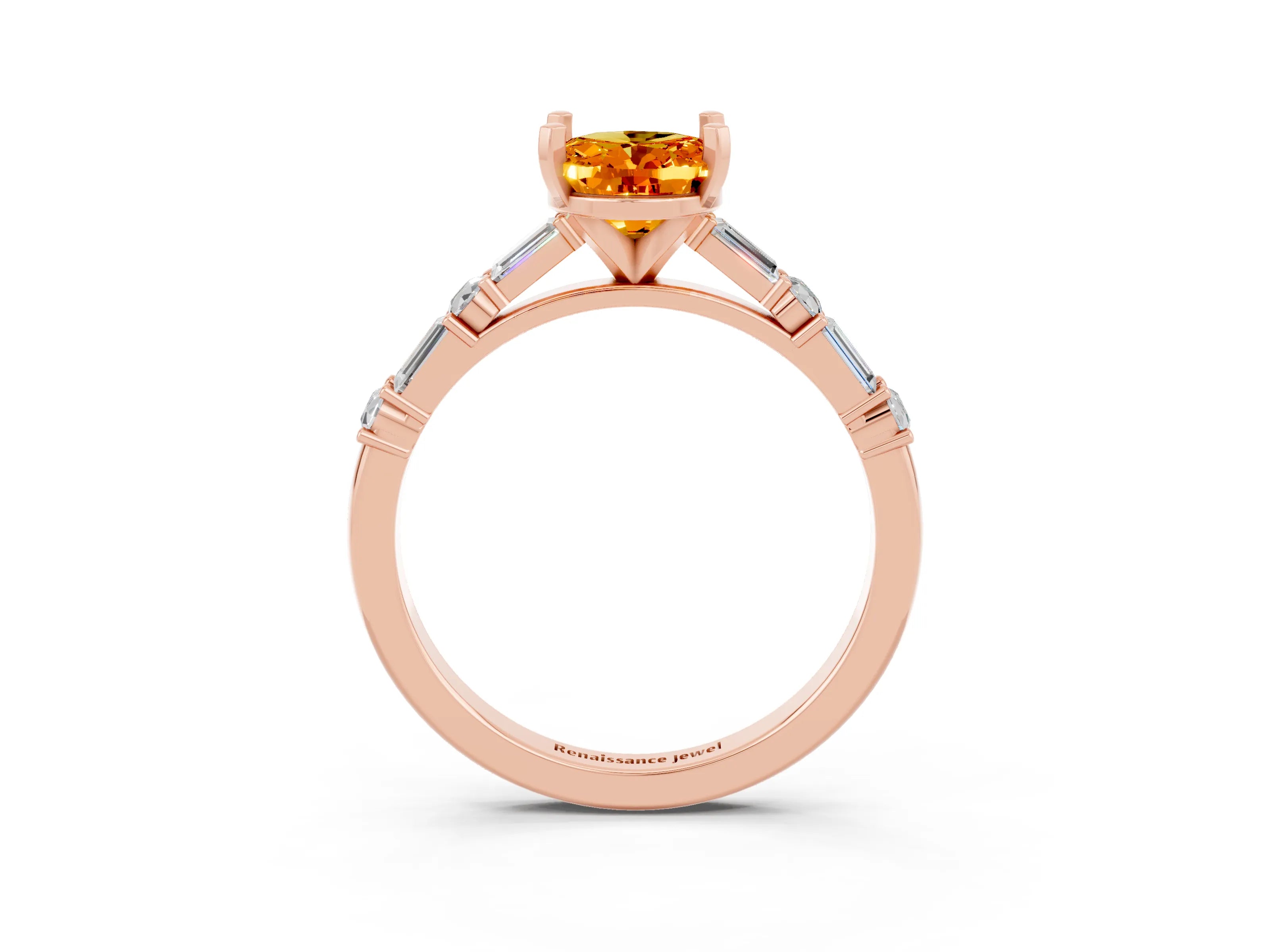 Rose gold Oval Cut Citrine Solitaire with Side Baguettes and Channel Set Band_3