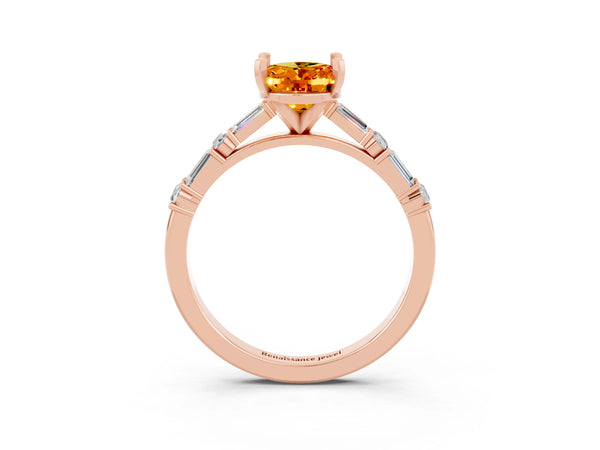 Rose gold Oval Cut Citrine Solitaire with Side Baguettes and Channel Set Band