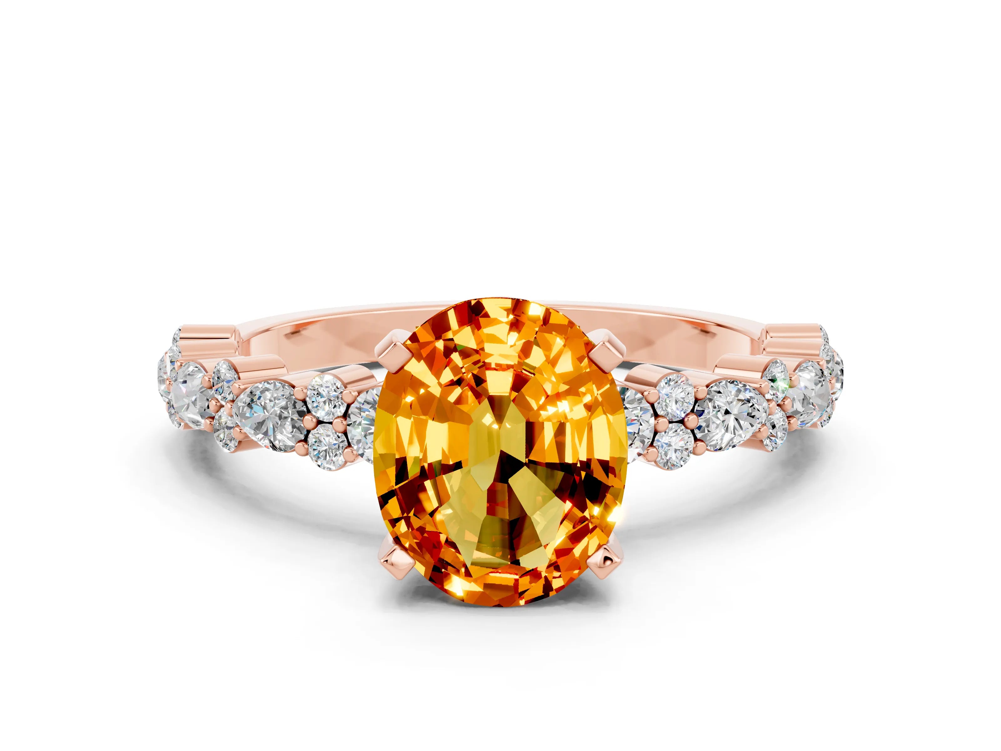 Rose gold Oval Cut Citrine Solitaire with Side Stones, Pave Band, Four-Prong Setting_36