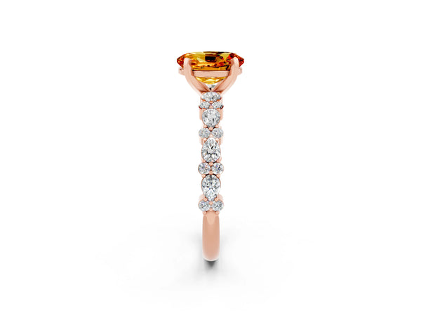 Rose gold Oval Cut Citrine Side Stone Solitaire Ring with Round  and Four-Prong Setting
