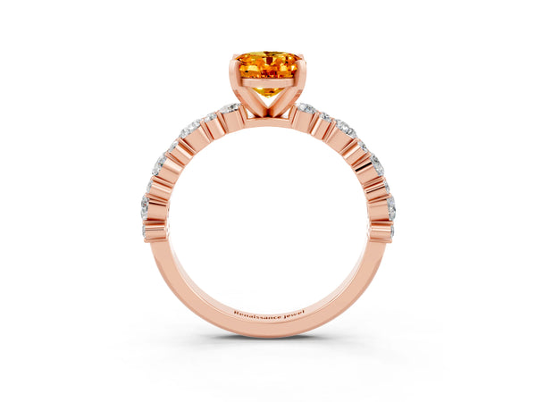 Rose gold Oval Cut Citrine Side Stone Solitaire Ring with Round  and Four-Prong Setting