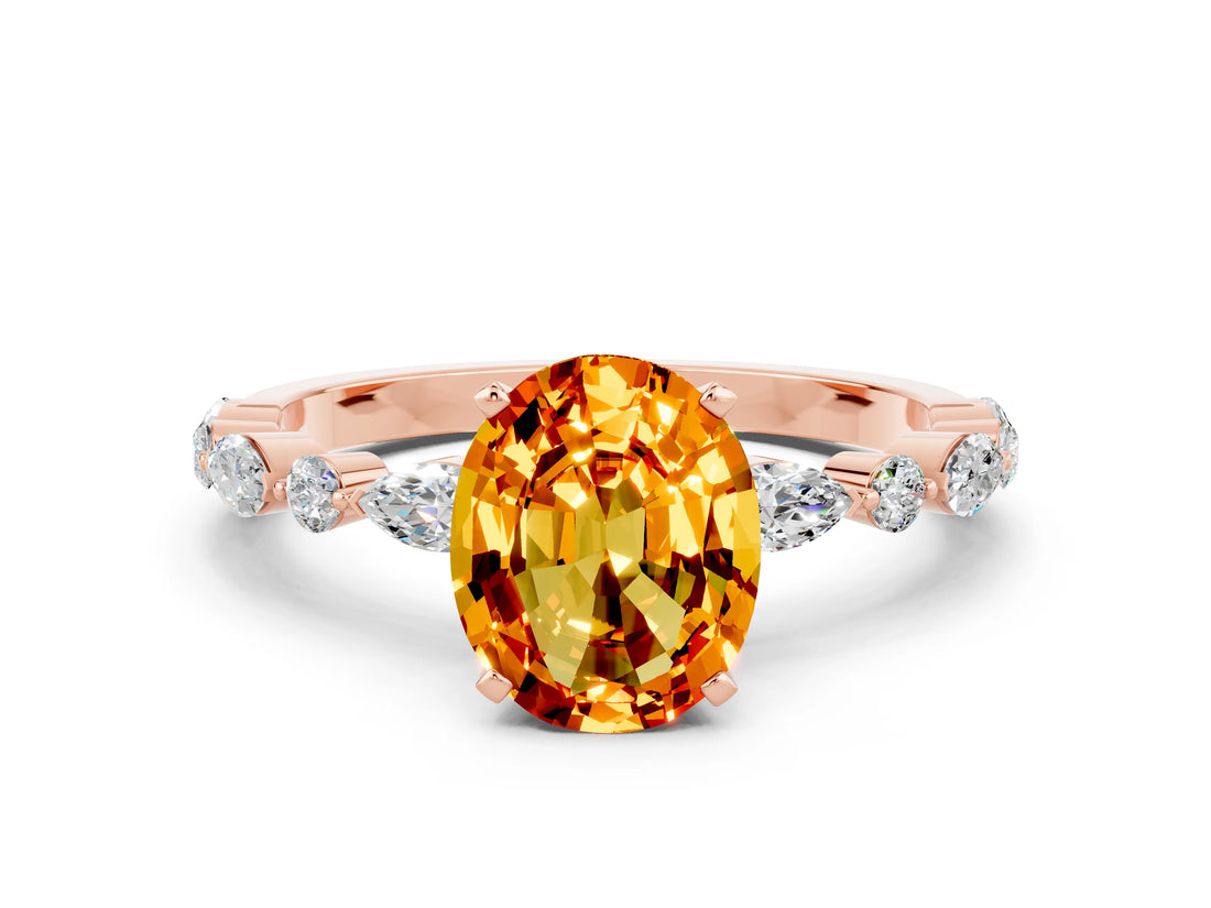 Rose gold Oval Cut Citrine Solitaire with Side Stones on a Pavé Band and Four-Prong Setting