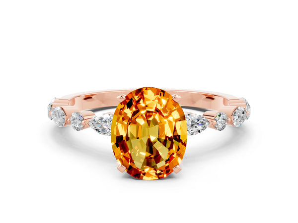 Rose gold Oval Cut Citrine Ring with Marquise and Round  Side Stones and Four-Prong Setting