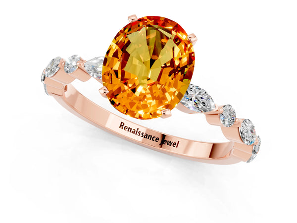Rose gold Oval Cut Citrine Ring with Marquise and Round  Side Stones and Four-Prong Setting