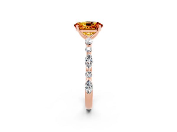 Rose gold Oval Cut Citrine Ring with Marquise and Round  Side Stones and Four-Prong Setting
