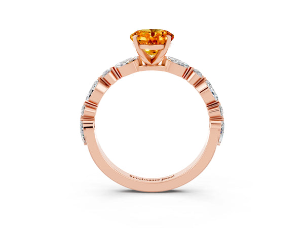 Rose gold Oval Cut Citrine Ring with Marquise and Round  Side Stones and Four-Prong Setting
