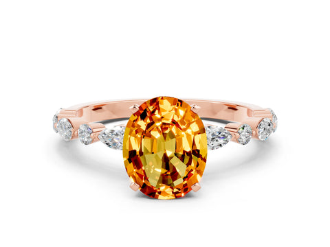 Rose gold Oval Cut Citrine Solitaire with Side Stones on a Pavé Band and Four-Prong Setting
