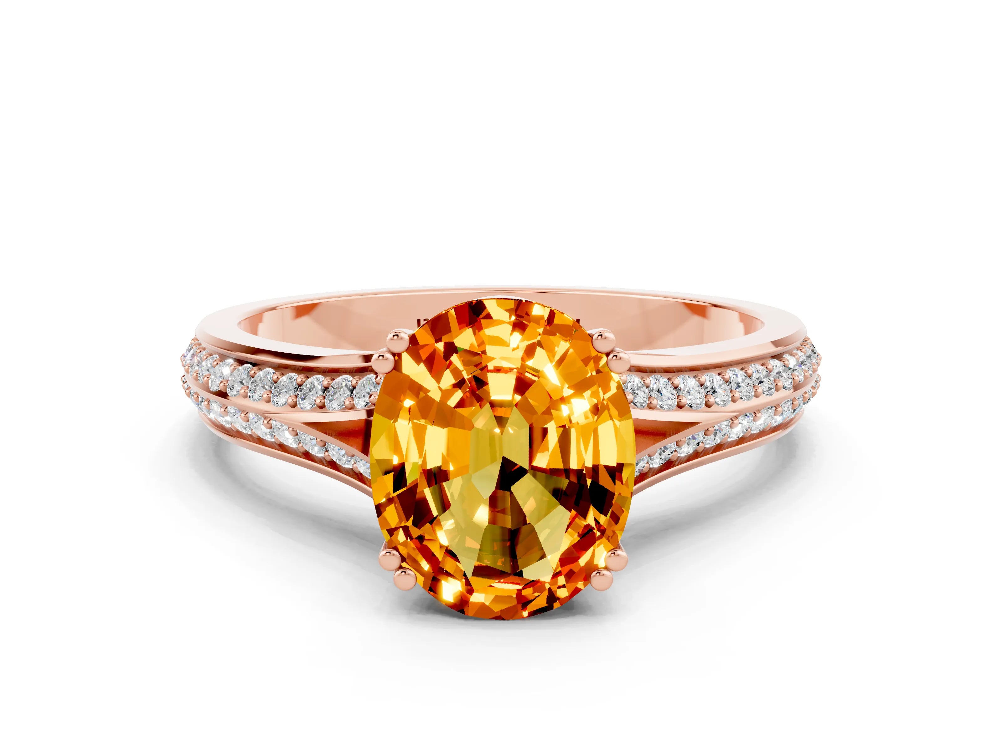 Rose gold Oval Cut Citrine Split Shank Engagement Ring with Pavé Band