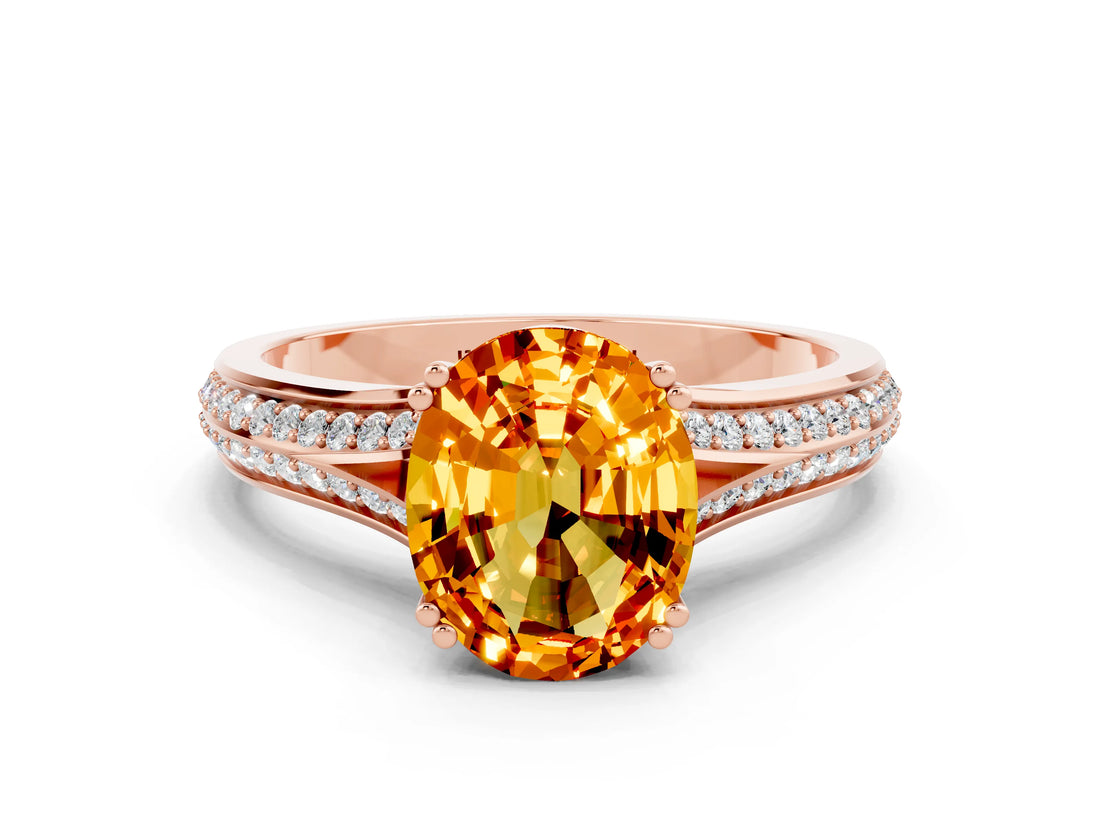 Rose gold Oval Cut Citrine Split Shank Engagement Ring with Pavé Band