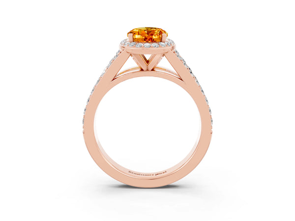 Rose gold Oval Cut Citrine Split Shank Halo Ring with Four-Prong Setting