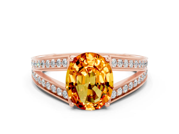 Rose gold Oval Cut Citrine Split Shank Ring with Pavé Band and Four-Prong Setting