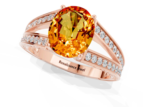 Rose gold Oval Cut Citrine Split Shank Ring with Pavé Band and Four-Prong Setting