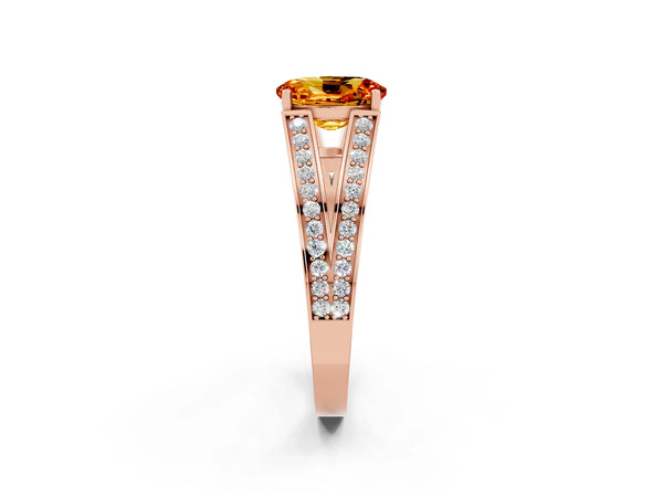Rose gold Oval Cut Citrine Split Shank Ring with Pavé Band and Four-Prong Setting