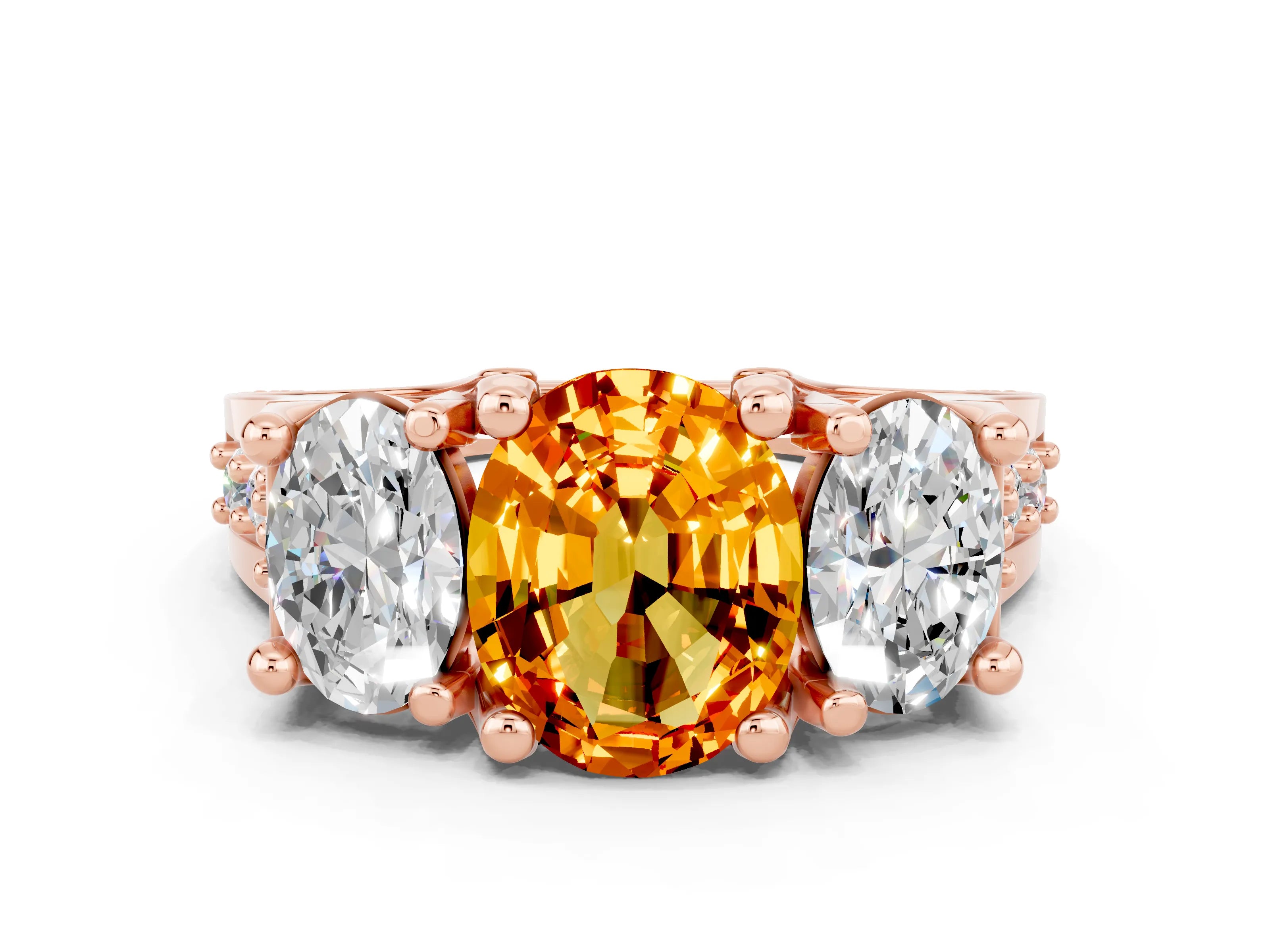 Rose gold Oval Cut Citrine Three-Stone Ring with Channel Set Band and Four-Prong Setting