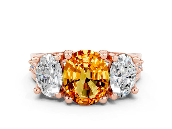 Rose gold Oval Cut Citrine Three-Stone Ring with Channel Set Band and Four-Prong Setting