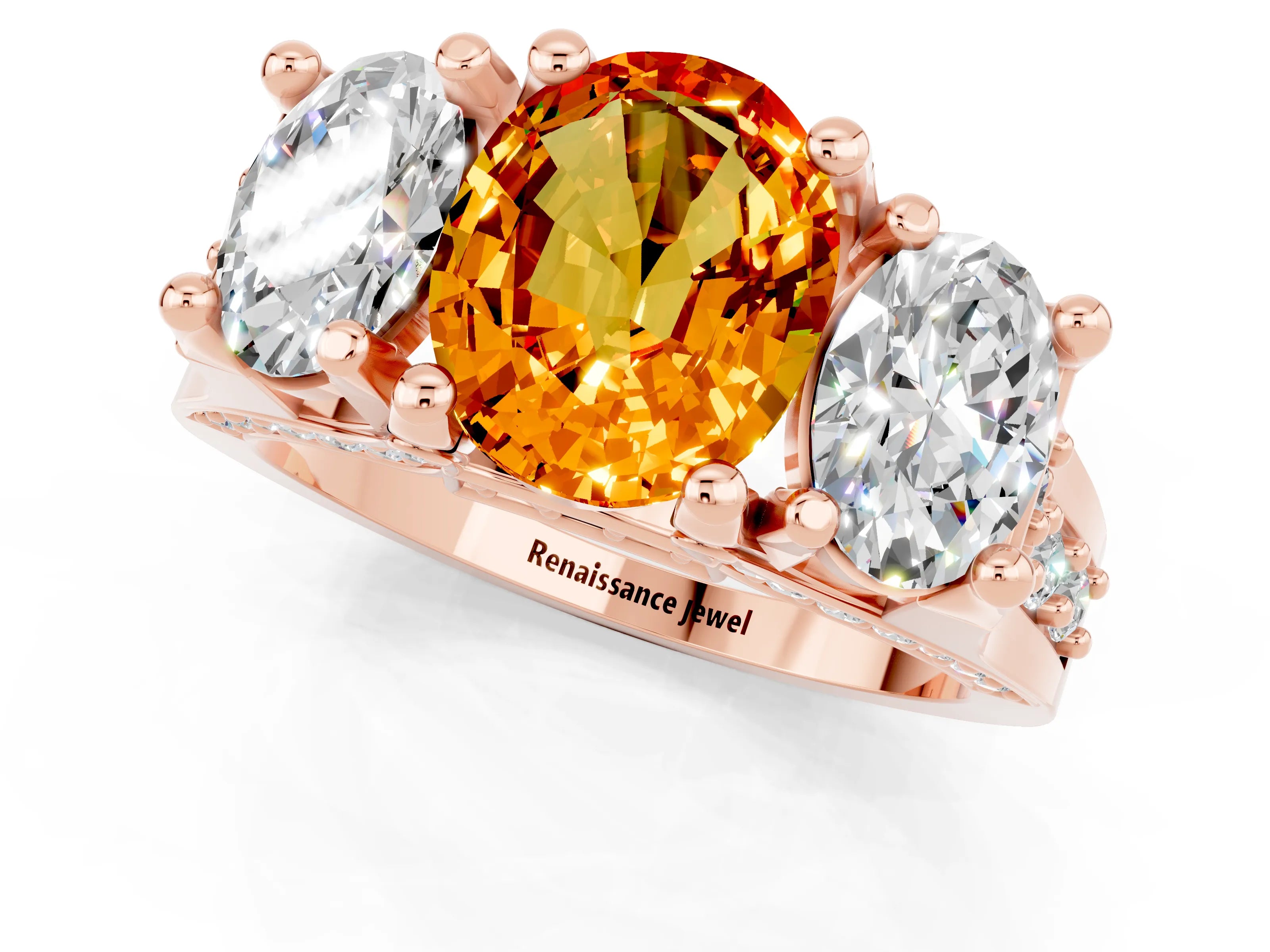 Rose gold Oval Cut Citrine Three-Stone Ring with Channel Set Band and Four-Prong Setting_1