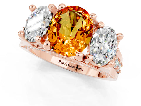 Rose gold Oval Cut Citrine Three-Stone Ring with Channel Set Band and Four-Prong Setting_1