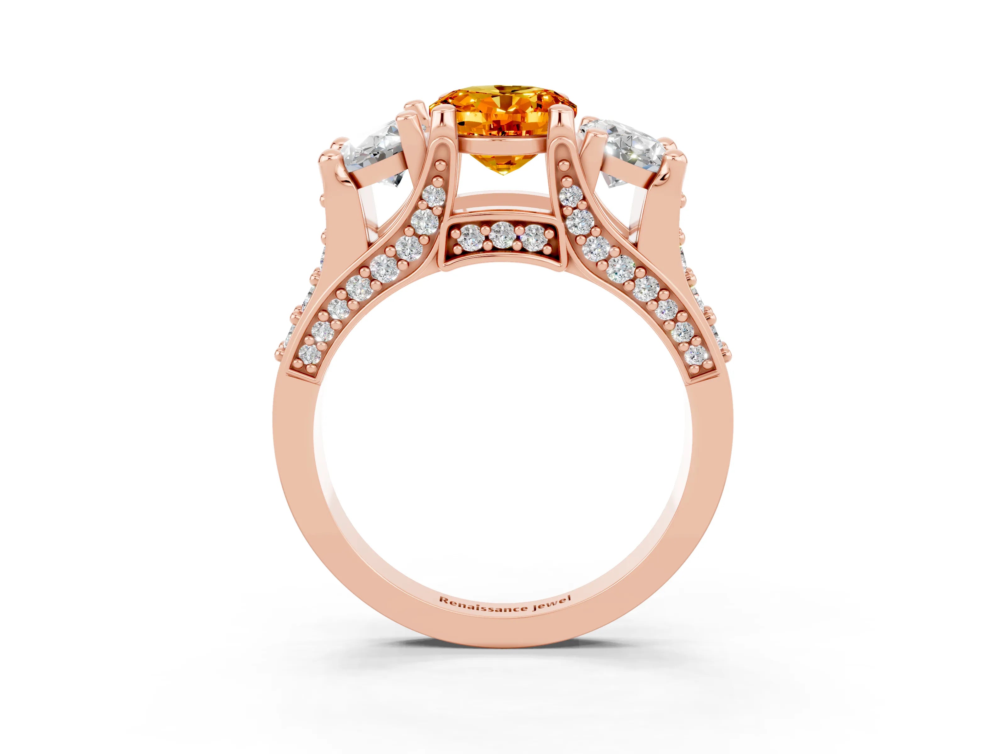 Rose gold Oval Cut Citrine Three-Stone Ring with Channel Set Band and Four-Prong Setting_3