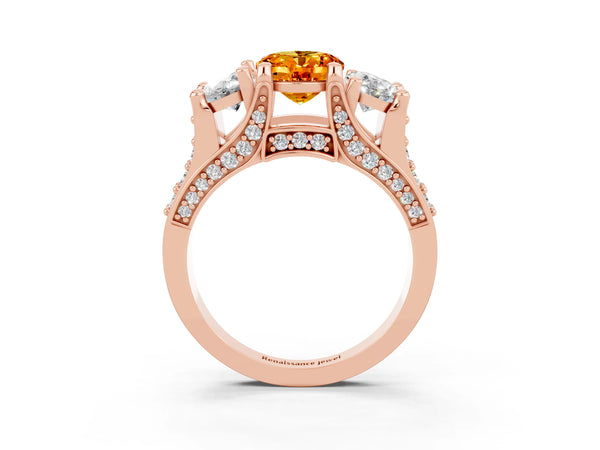 Rose gold Oval Cut Citrine Three-Stone Ring with Channel Set Band and Four-Prong Setting