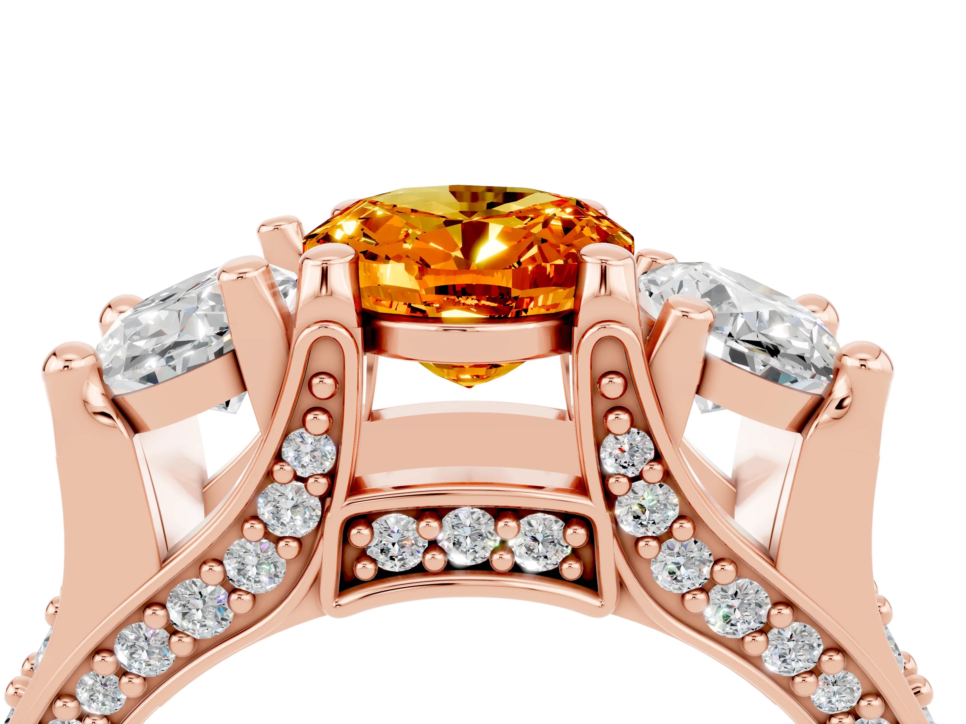 Rose gold Oval Cut Citrine Three-Stone Ring with Channel Set Band and Four-Prong Setting_4