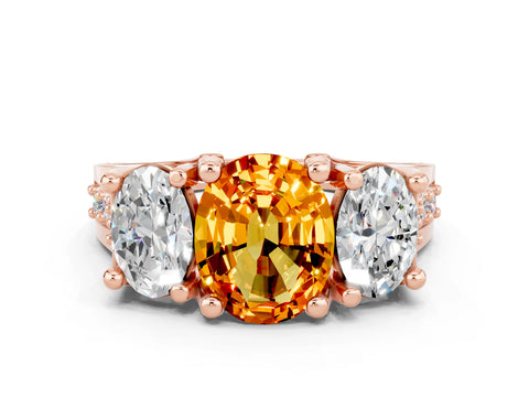 Rose gold Oval Cut Citrine Three-Stone Ring with Channel Set Band and Four-Prong Setting