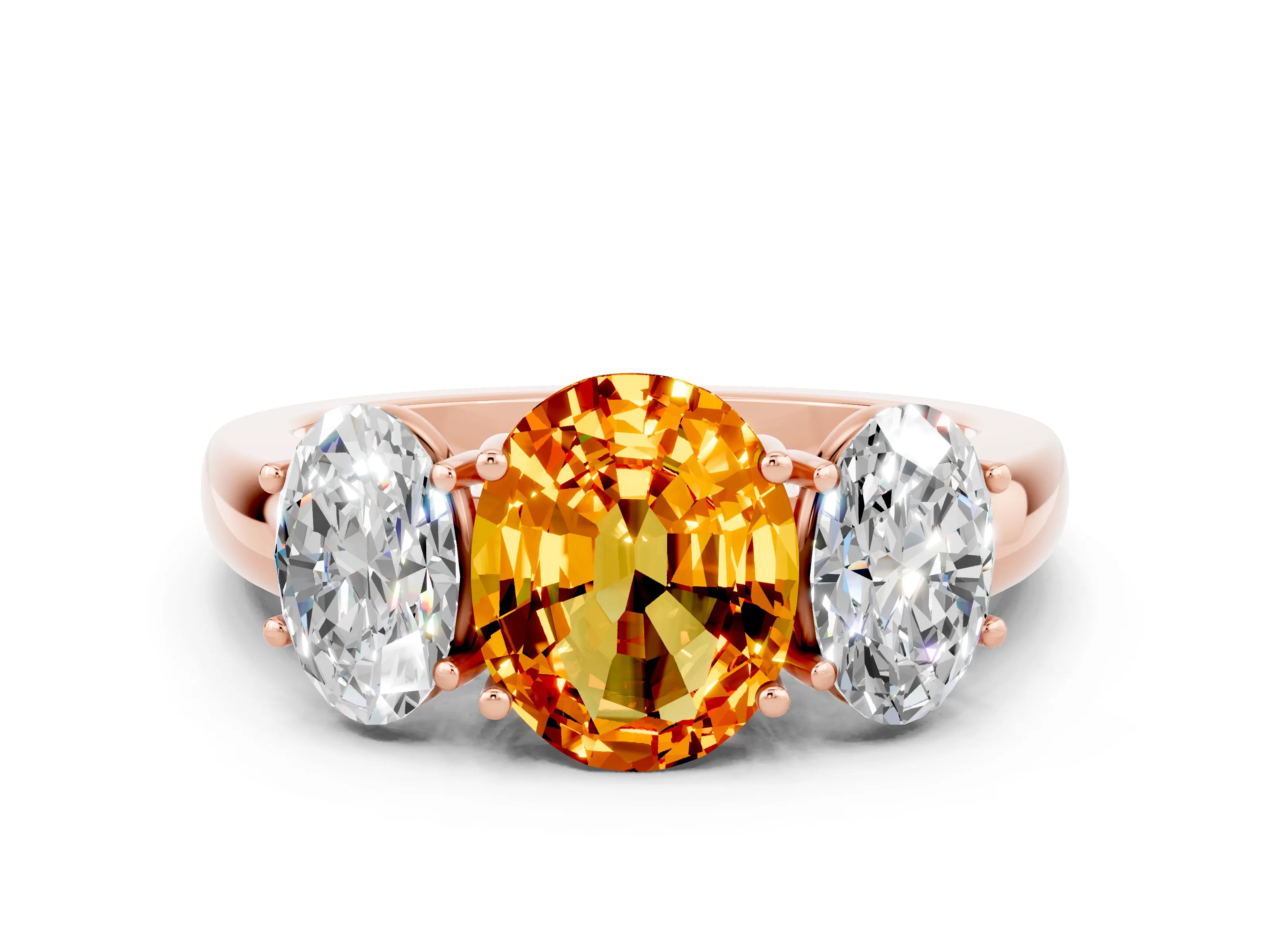 Rose gold Oval Cut Citrine Three-Stone Ring with Four-Prong Setting and Classic Band