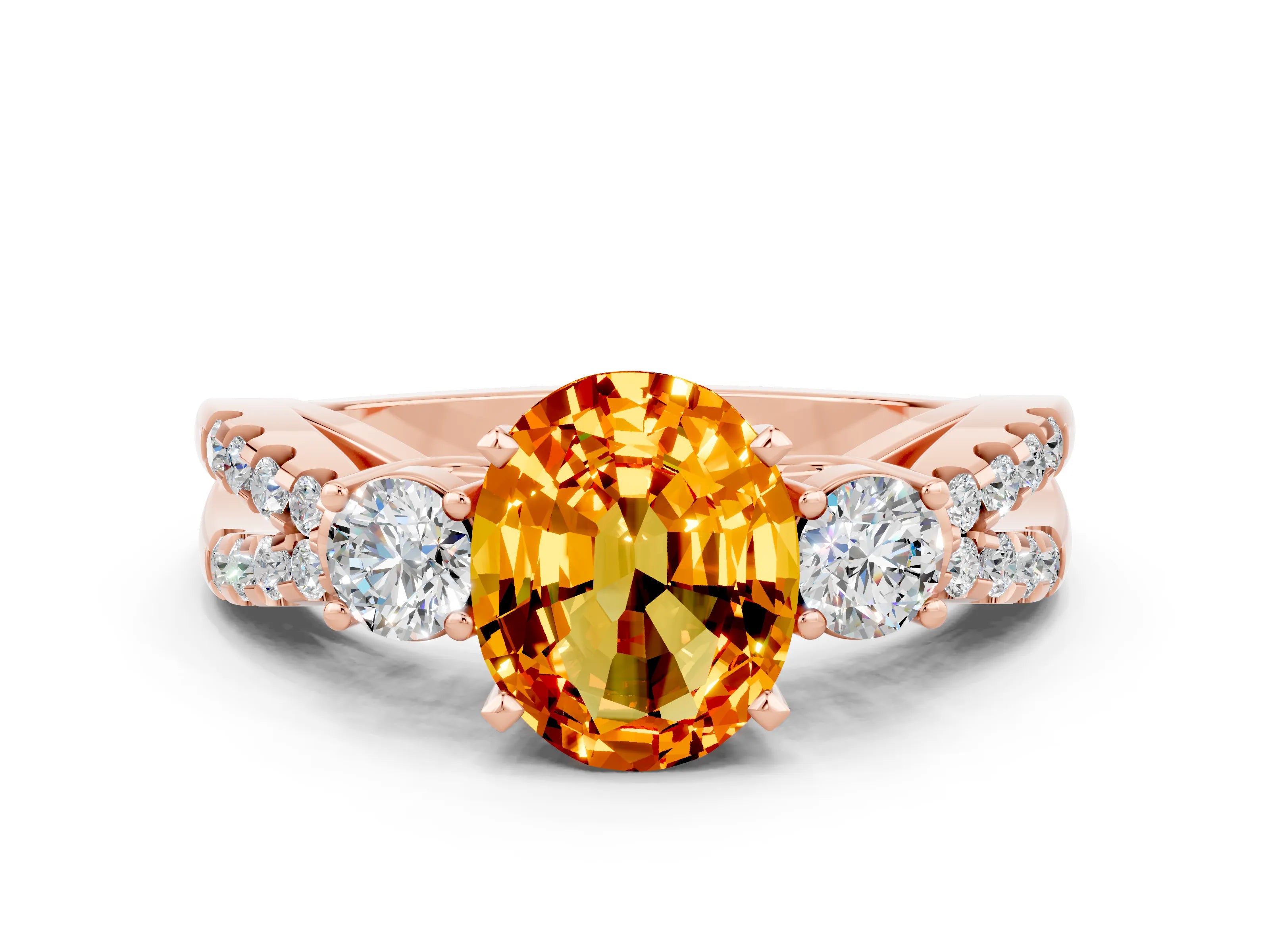 Rose gold Oval Cut Citrine Three-Stone Ring with Pavé Split Shank and Four-Prong Setting_12