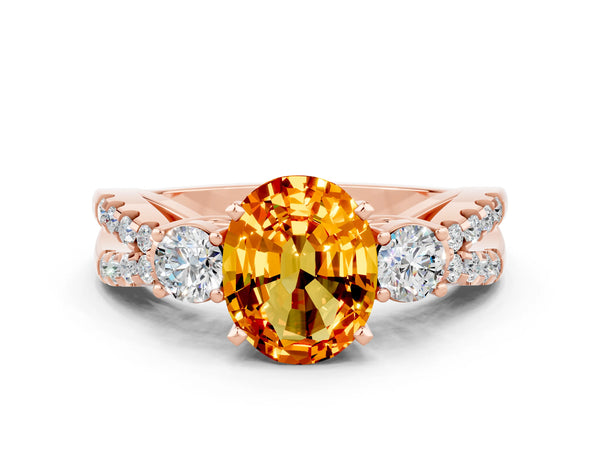 Rose gold Oval Cut Citrine Three-Stone Ring with Pavé Split Shank and Four-Prong Setting
