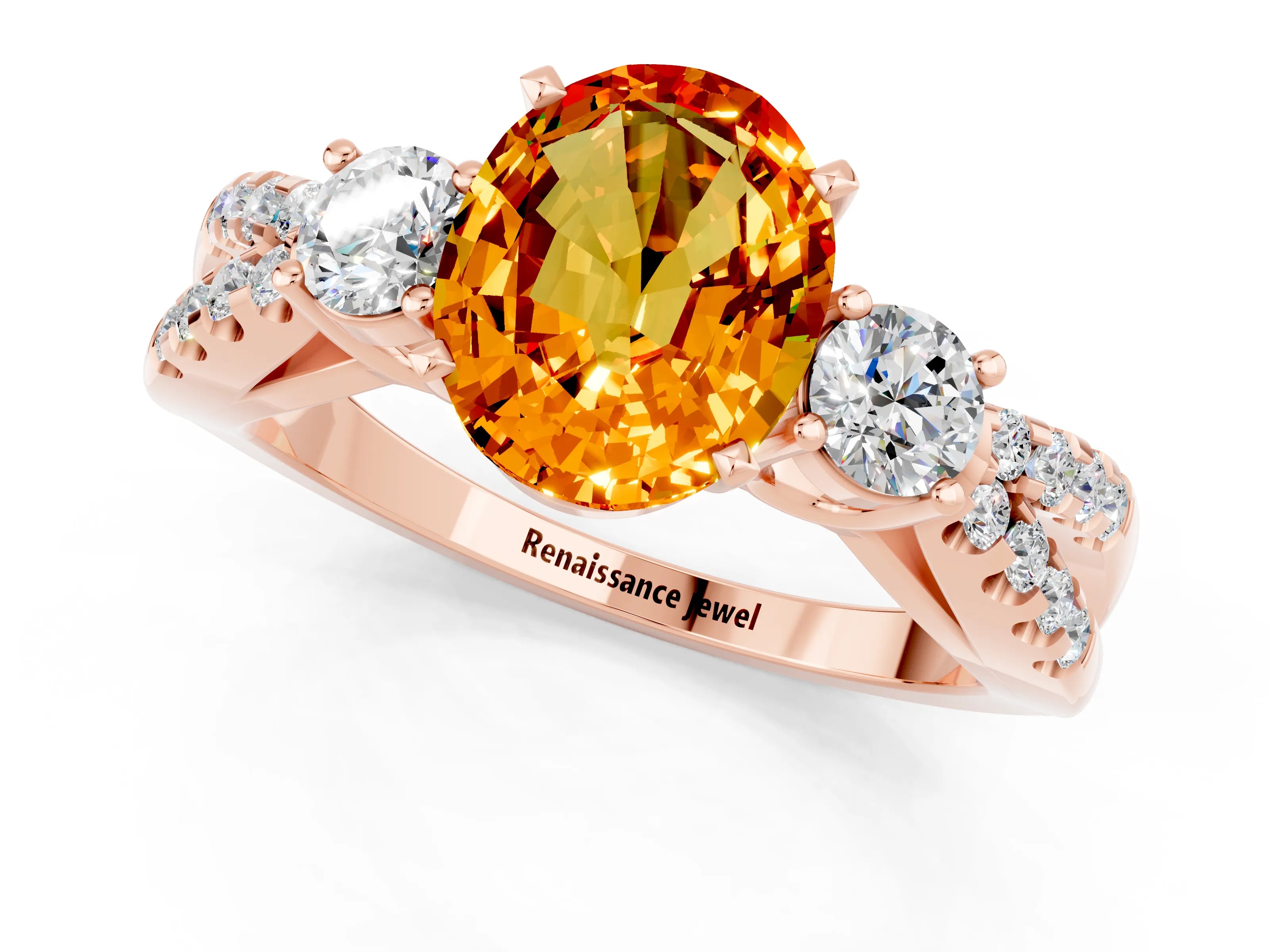 Rose gold Oval Cut Citrine Three-Stone Ring with Pavé Split Shank and Four-Prong Setting_13