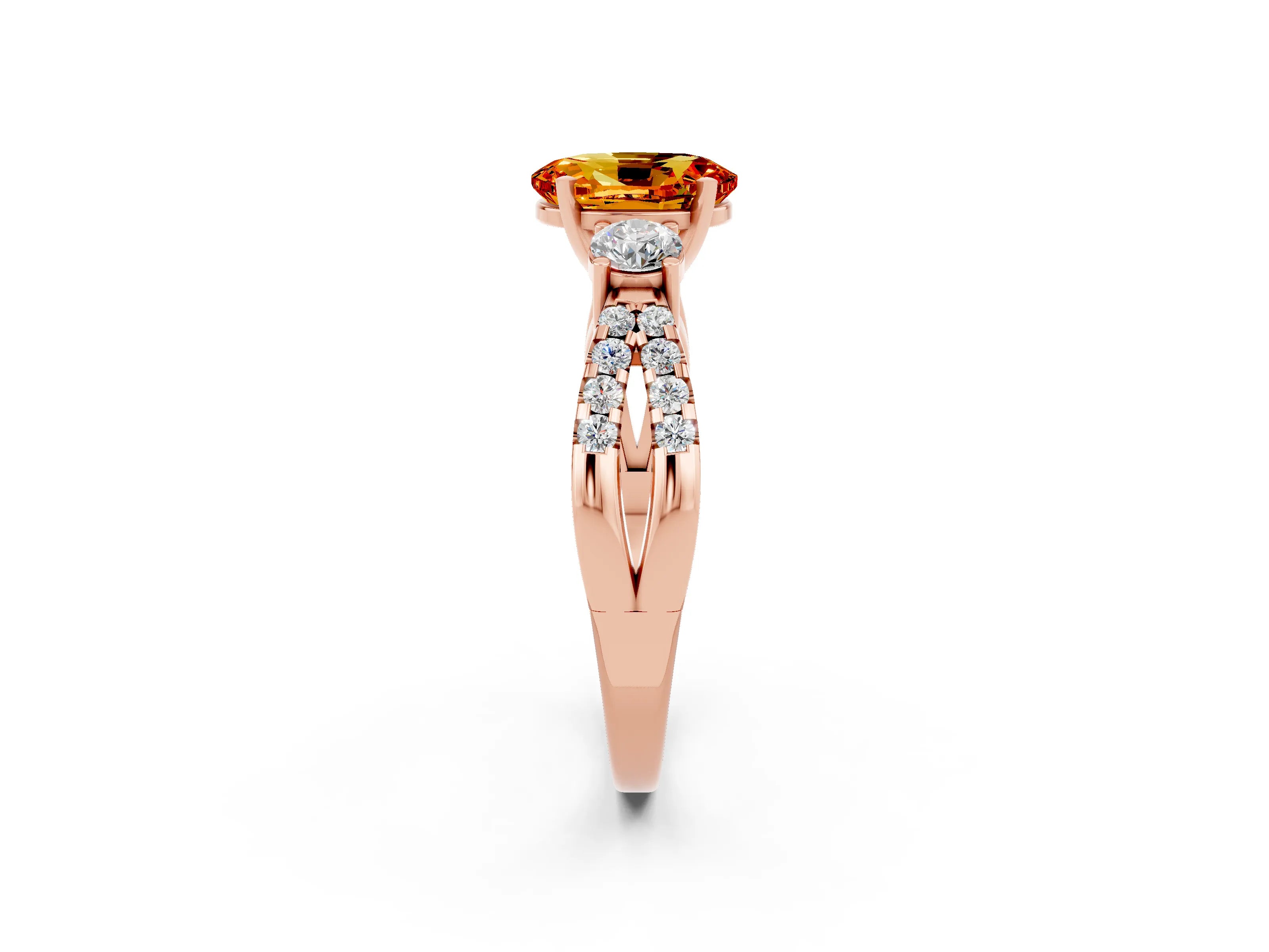 Rose gold Oval Cut Citrine Three-Stone Ring with Pavé Split Shank and Four-Prong Setting_14