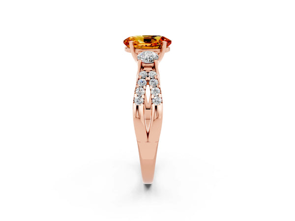 Rose gold Oval Cut Citrine Three-Stone Ring with Pavé Split Shank and Four-Prong Setting