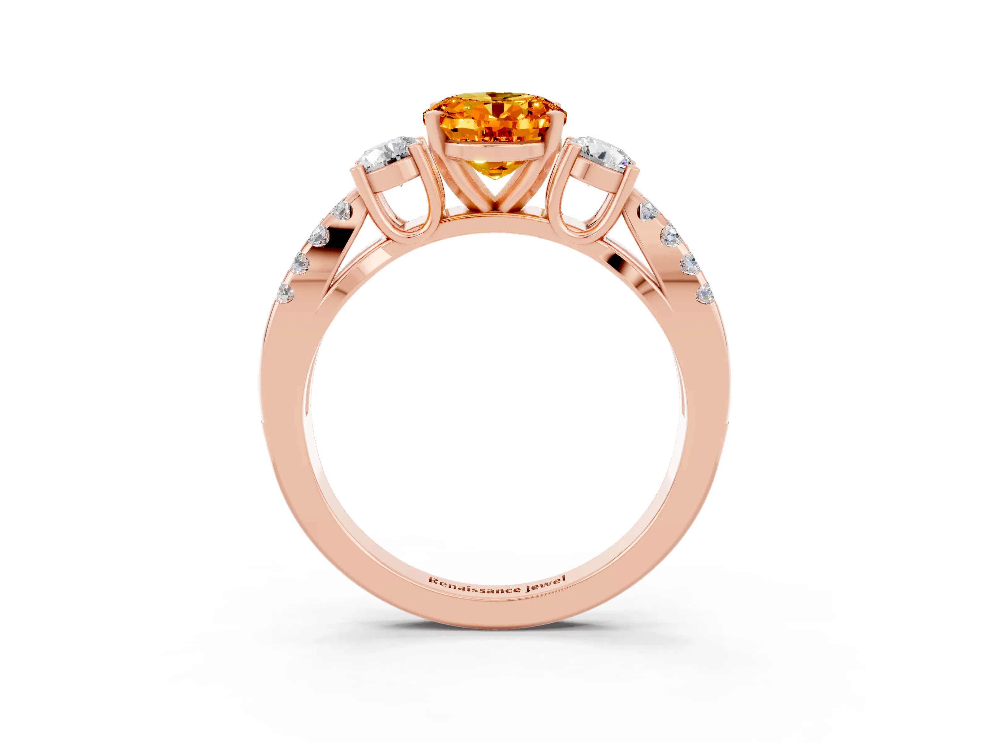 Rose gold Oval Cut Citrine Three-Stone Ring with Pavé Split Shank and Four-Prong Setting_15