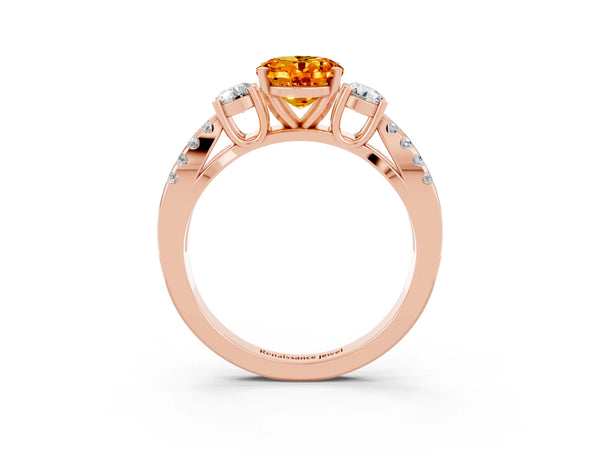 Rose gold Oval Cut Citrine Three-Stone Ring with Pavé Split Shank and Four-Prong Setting