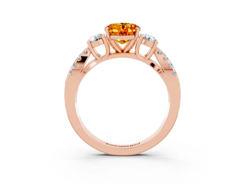 Rose gold Oval Cut Citrine Three-Stone Ring with Pavé Split Shank and Four-Prong Setting_15