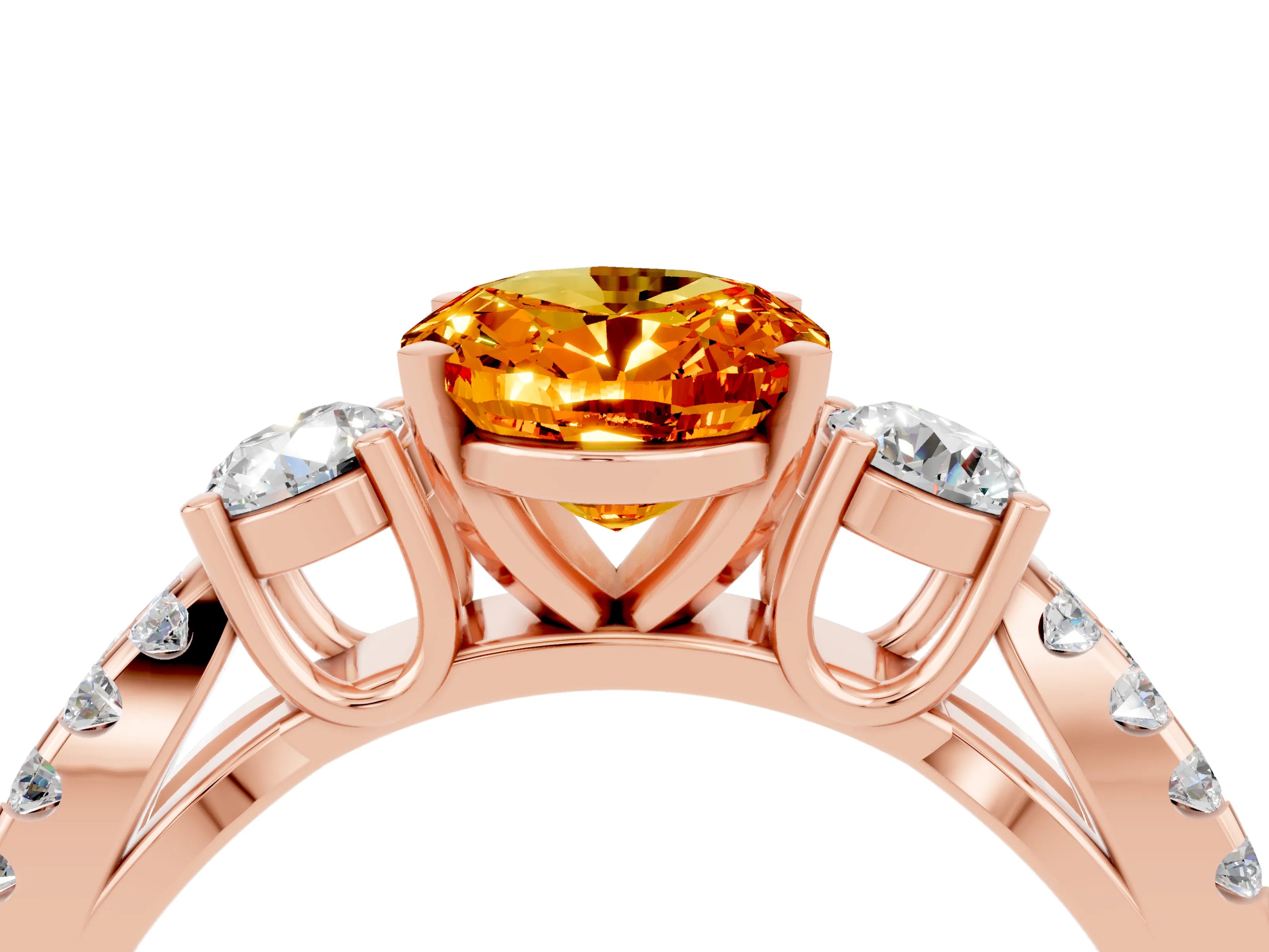 Rose gold Oval Cut Citrine Three-Stone Ring with Pavé Split Shank and Four-Prong Setting_16