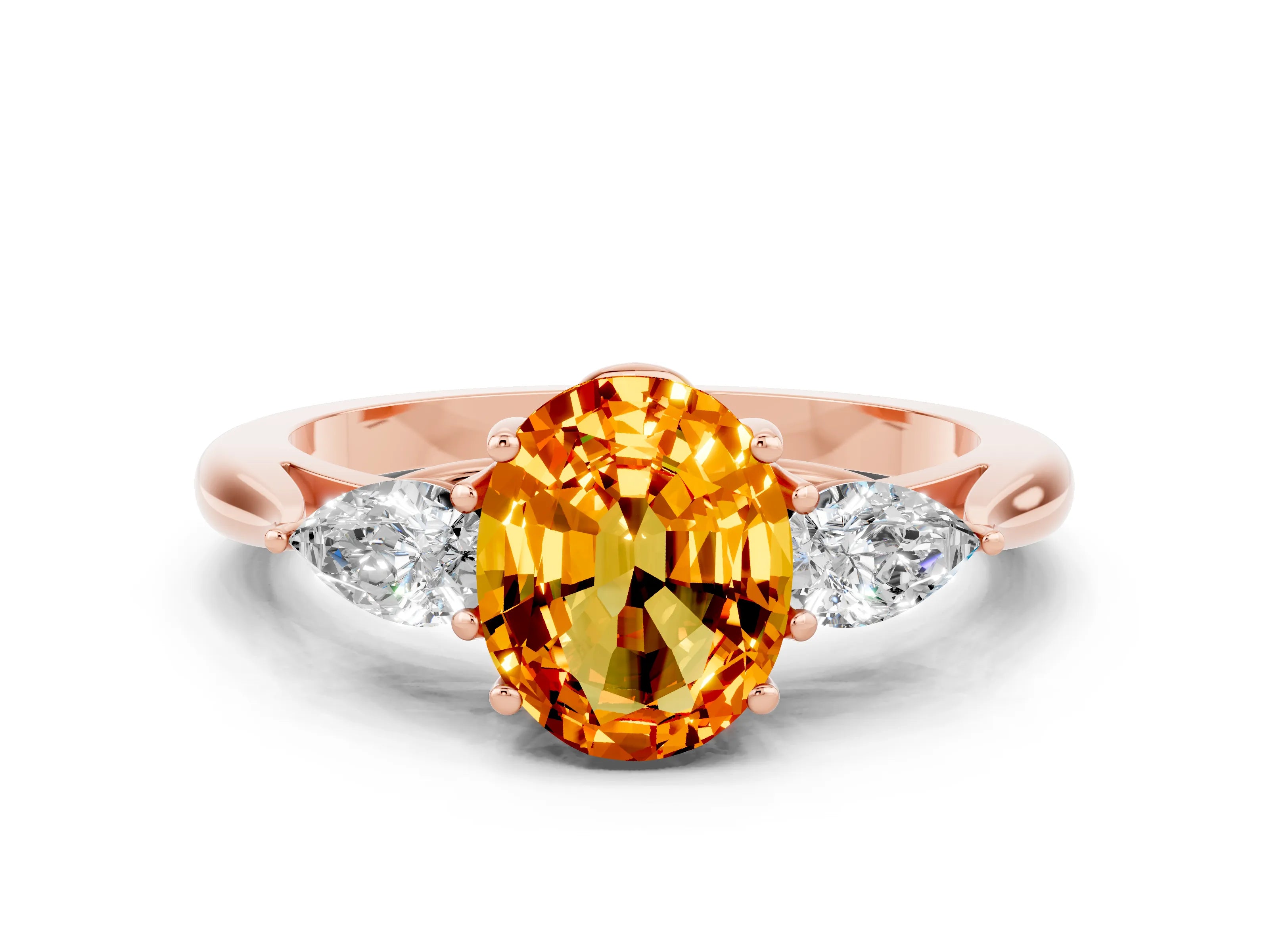 Rose gold Oval Cut Citrine Three-Stone Ring with Pear Side Stones and Four-Prong Setting_12