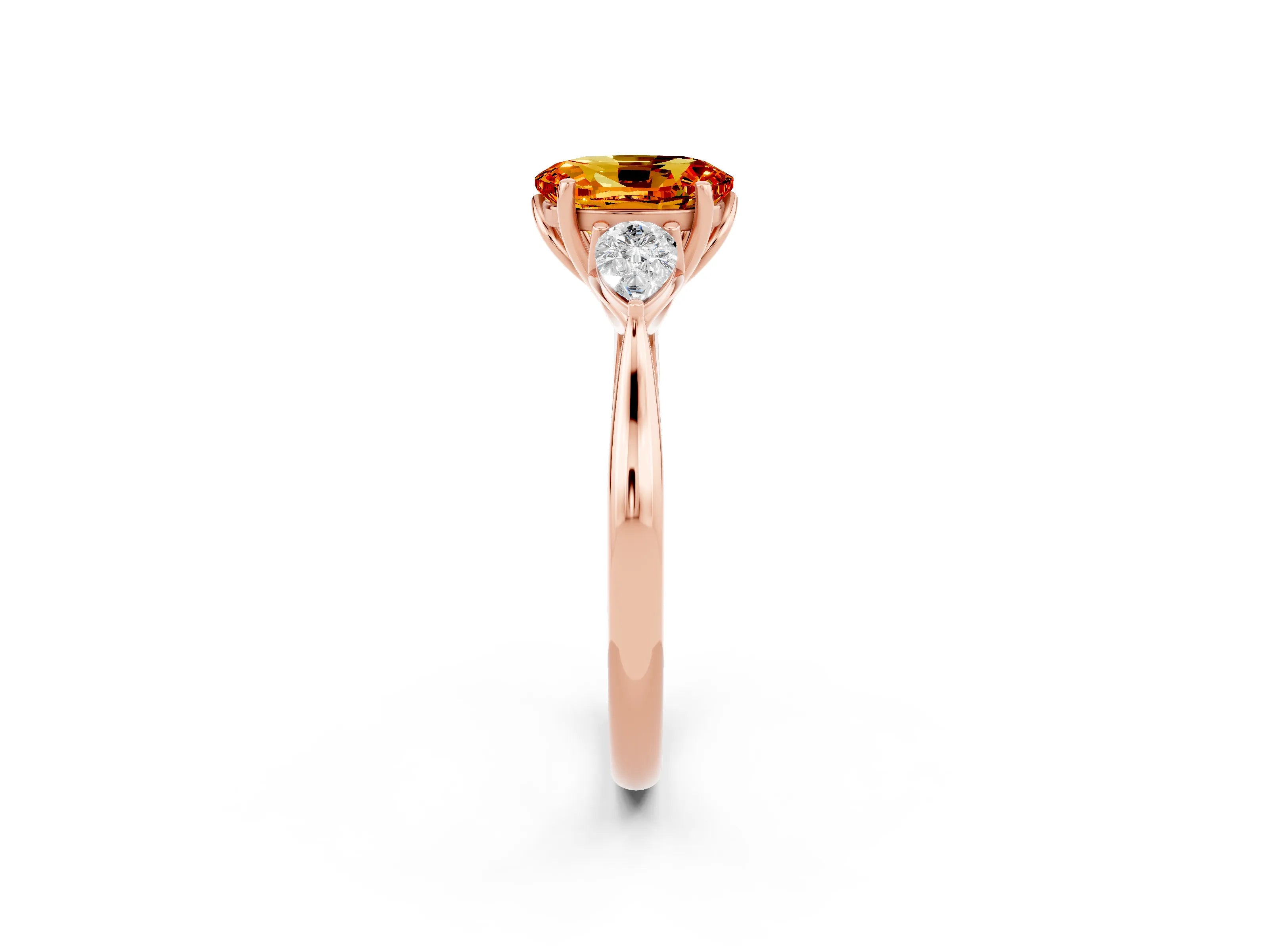 Rose gold Oval Cut Citrine Three-Stone Ring with Pear Side Stones and Four-Prong Setting_14