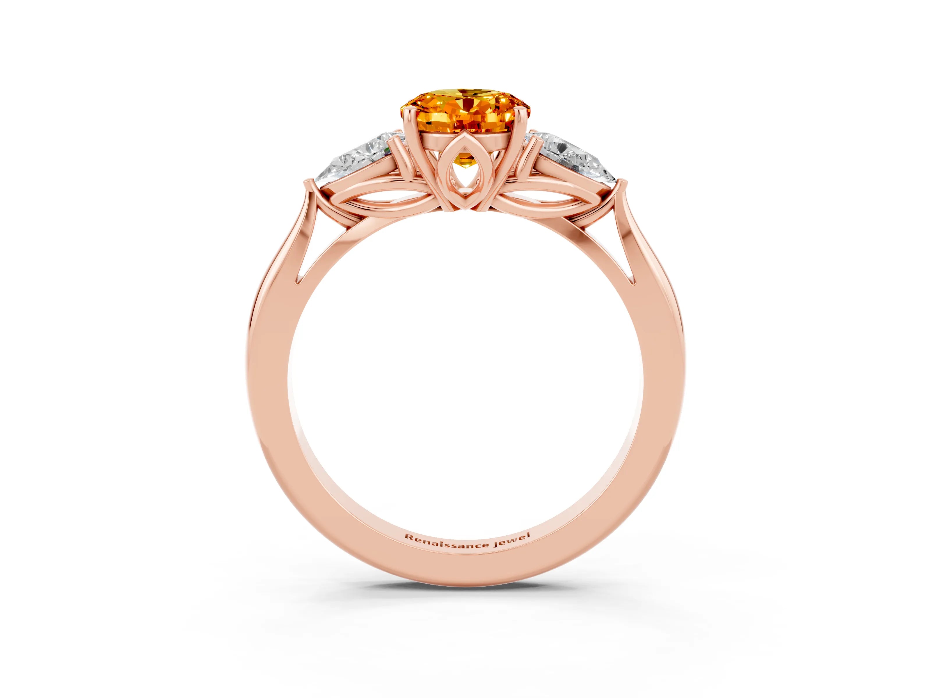 Rose gold Oval Cut Citrine Three-Stone Ring with Pear Side Stones and Four-Prong Setting_15