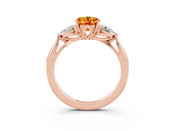 Rose gold Oval Cut Citrine Three-Stone Ring with Pear  Side Stones and Prong Setting