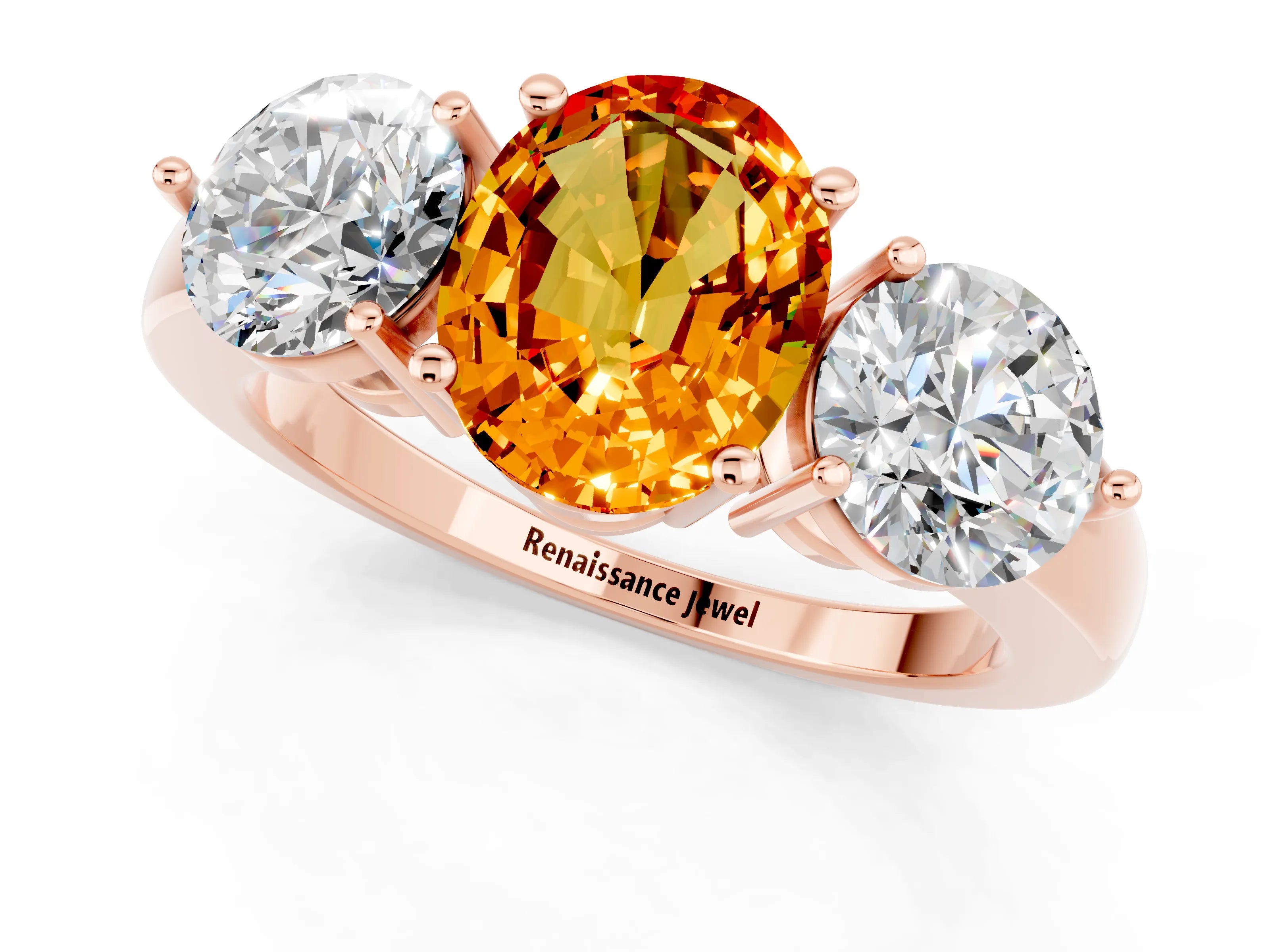 Rose gold Oval Cut Citrine Three-Stone Ring with Prong Setting and Classic Band_1
