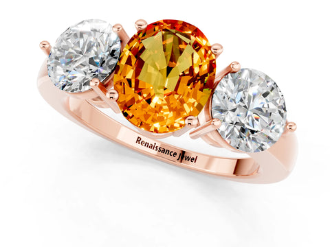 Rose gold Oval Cut Citrine Three-Stone Ring with Prong Setting and Classic Band_1